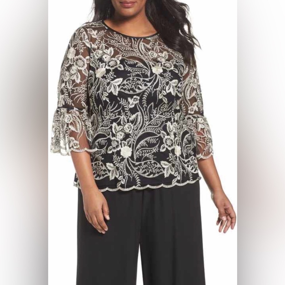 Alex Evenings Black and Pink Lace Blouse